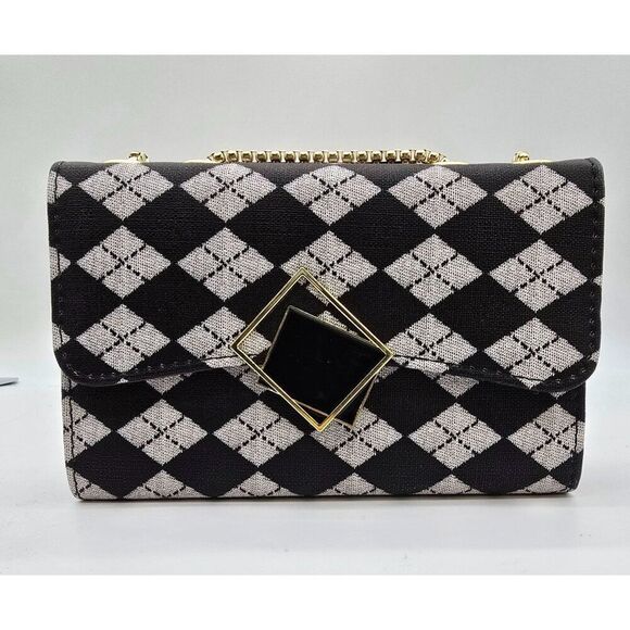Chic Black & White Checkered Crossbody Bag With Gold Chain & Geometric Clasp - Picture 1 of 7